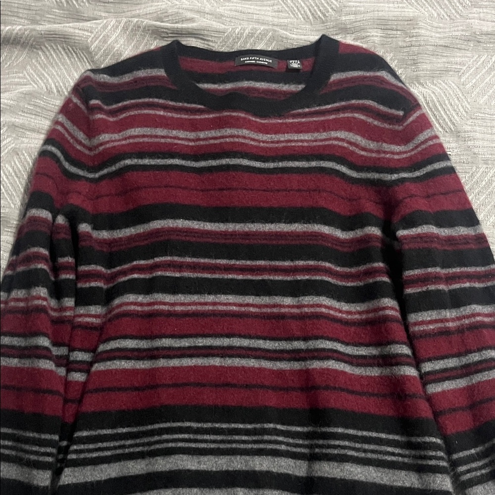 SAKS Men's Striped Crewneck Sweater - Burgundy, Gray, and Black
